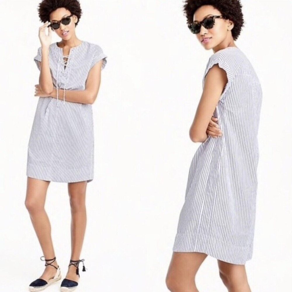 J.CREW Lace Up, Blue Striped Shirt-Dress, Size S
